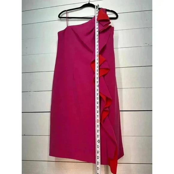 Ricki Freeman Terri Jon 12 (XL) Pink‎ & Red One Shoulder Ruffle Above Knee Dress - Picture 8 of 8
